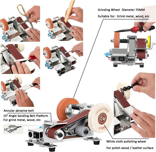 Belt Sander Electric Knife Sharpener Features 15-Degree Bevel And 90-Degree Platform Grinds Wood, Metal, Or Polishes Leather Goods And Wood Surfaces Wide Design Ensures Stability And Low Noise