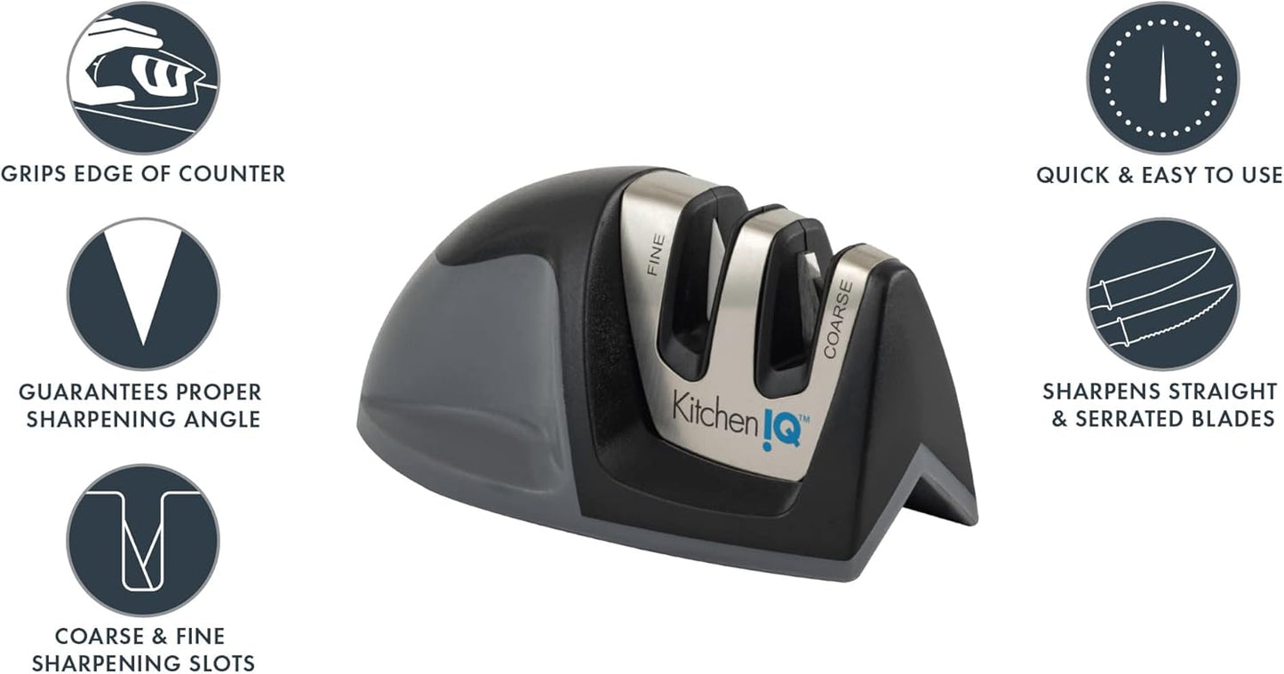 KitchenIQ 50009 Edge Grip 2-Stage Knife Sharpener, Black, Coarse & Fine Sharpeners, Compact for Easy Storage, Stable Non-Slip Base, Soft Grip Rubber Handle, Straight & Serrated Knives