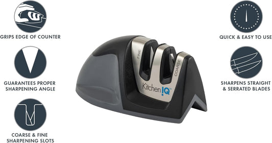KitchenIQ 50009 Edge Grip 2-Stage Knife Sharpener, Black, Coarse & Fine Sharpeners, Compact for Easy Storage, Stable Non-Slip Base, Soft Grip Rubber Handle, Straight & Serrated Knives