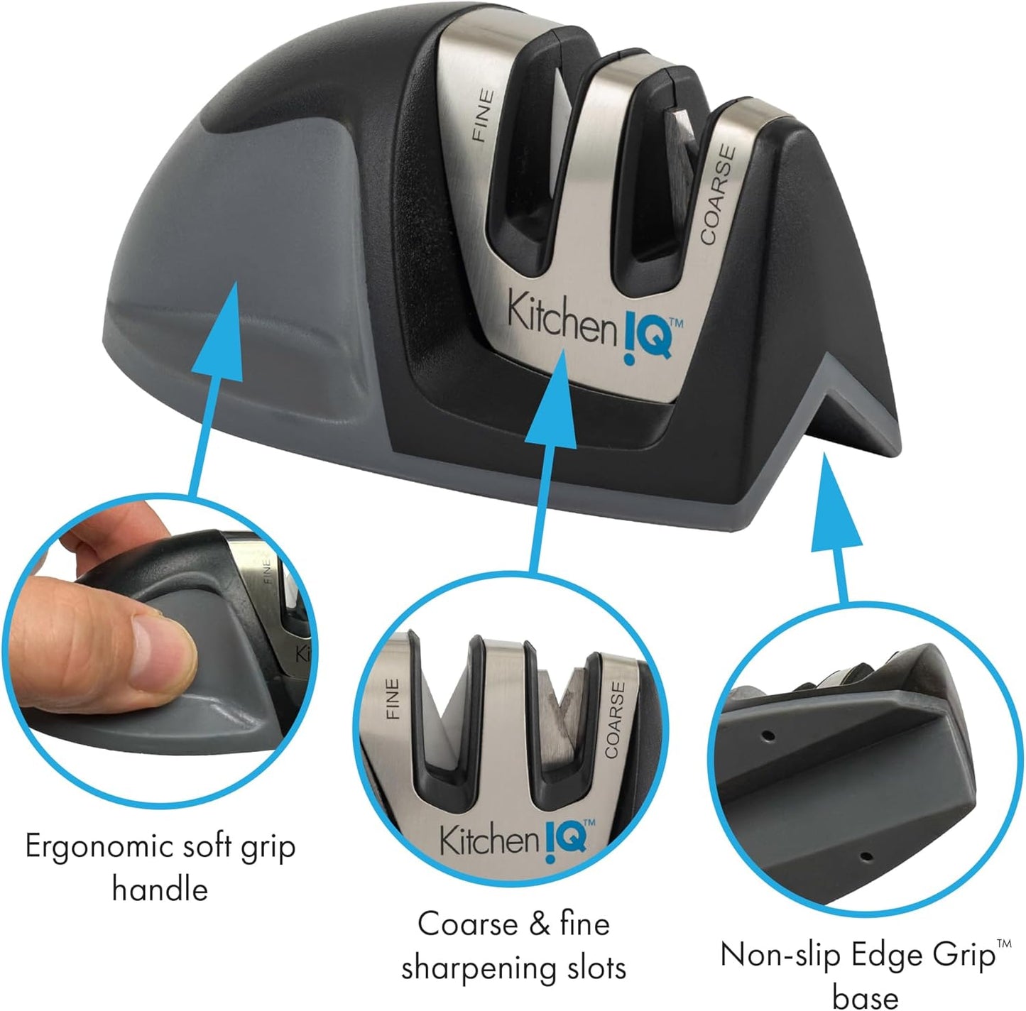 KitchenIQ 50009 Edge Grip 2-Stage Knife Sharpener, Black, Coarse & Fine Sharpeners, Compact for Easy Storage, Stable Non-Slip Base, Soft Grip Rubber Handle, Straight & Serrated Knives