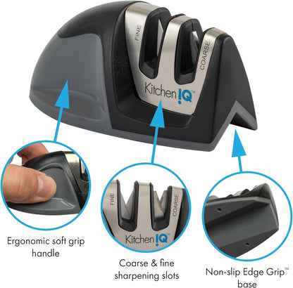 KitchenIQ 50009 Edge Grip 2-Stage Knife Sharpener, Black, Coarse & Fine Sharpeners, Compact for Easy Storage, Stable Non-Slip Base, Soft Grip Rubber Handle, Straight & Serrated Knives