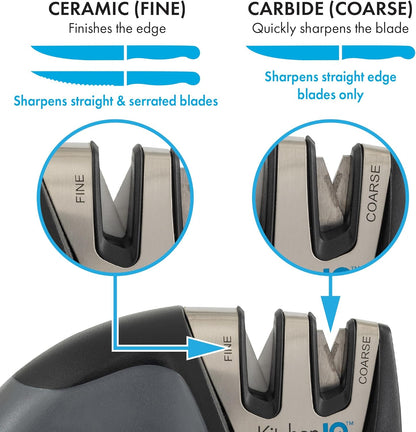 KitchenIQ 50009 Edge Grip 2-Stage Knife Sharpener, Black, Coarse & Fine Sharpeners, Compact for Easy Storage, Stable Non-Slip Base, Soft Grip Rubber Handle, Straight & Serrated Knives