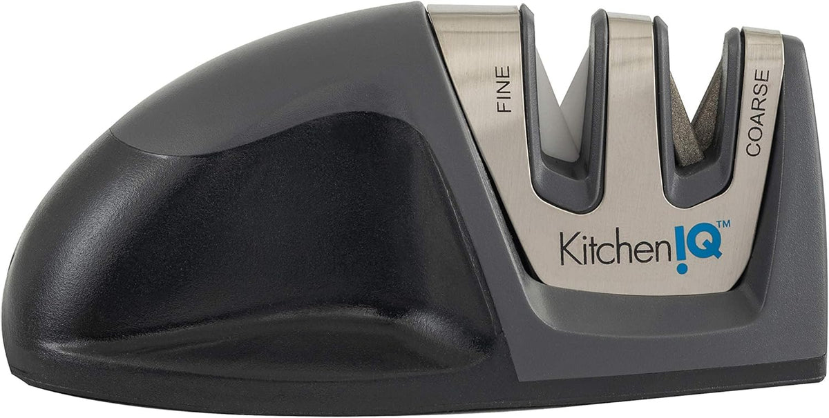 KitchenIQ 50009 Edge Grip 2-Stage Knife Sharpener, Black, Coarse & Fine Sharpeners, Compact for Easy Storage, Stable Non-Slip Base, Soft Grip Rubber Handle, Straight & Serrated Knives