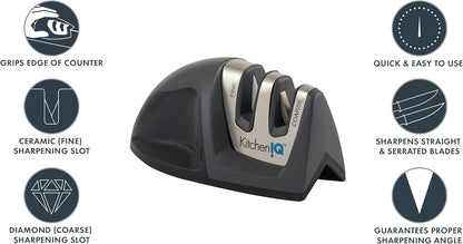 KitchenIQ 50009 Edge Grip 2-Stage Knife Sharpener, Black, Coarse & Fine Sharpeners, Compact for Easy Storage, Stable Non-Slip Base, Soft Grip Rubber Handle, Straight & Serrated Knives
