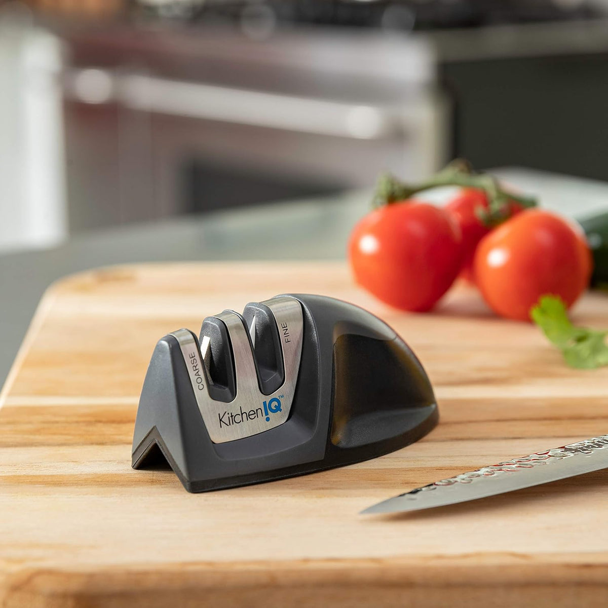 KitchenIQ 50009 Edge Grip 2-Stage Knife Sharpener, Black, Coarse & Fine Sharpeners, Compact for Easy Storage, Stable Non-Slip Base, Soft Grip Rubber Handle, Straight & Serrated Knives