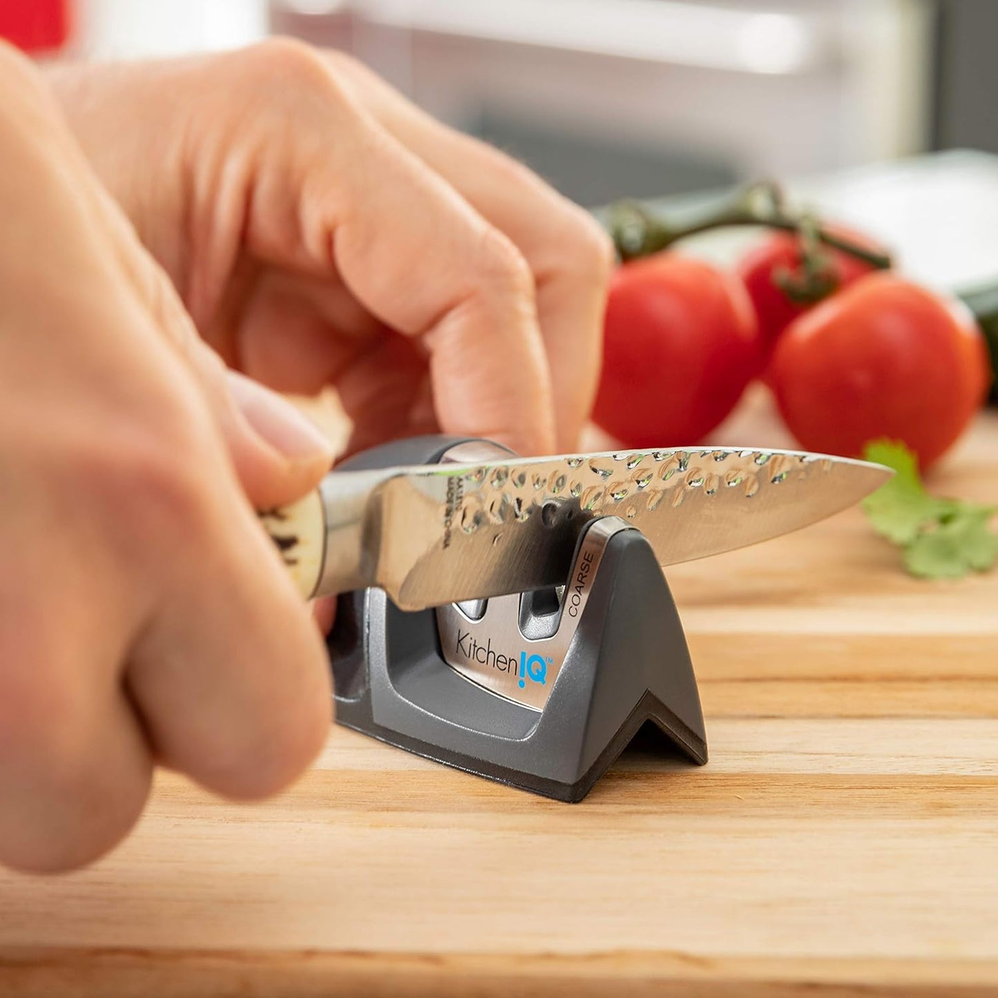 KitchenIQ 50009 Edge Grip 2-Stage Knife Sharpener, Black, Coarse & Fine Sharpeners, Compact for Easy Storage, Stable Non-Slip Base, Soft Grip Rubber Handle, Straight & Serrated Knives