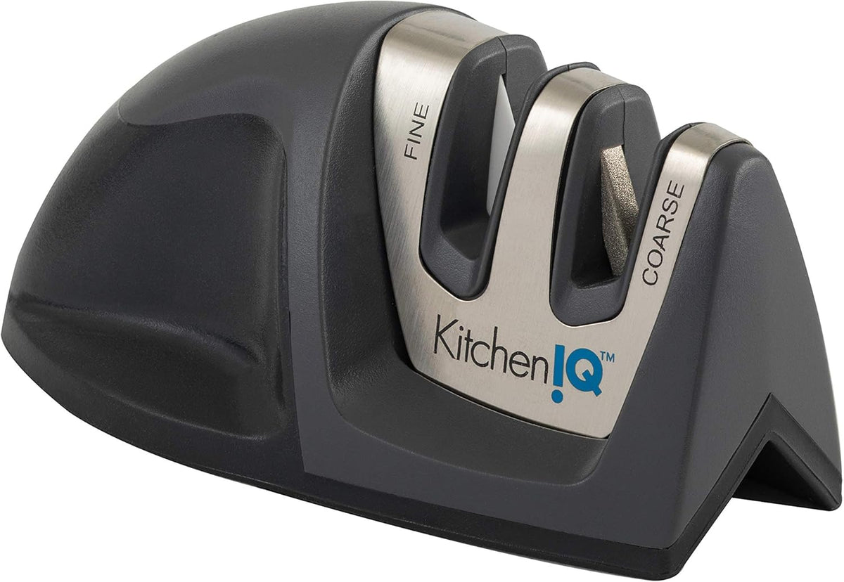 KitchenIQ 50009 Edge Grip 2-Stage Knife Sharpener, Black, Coarse & Fine Sharpeners, Compact for Easy Storage, Stable Non-Slip Base, Soft Grip Rubber Handle, Straight & Serrated Knives