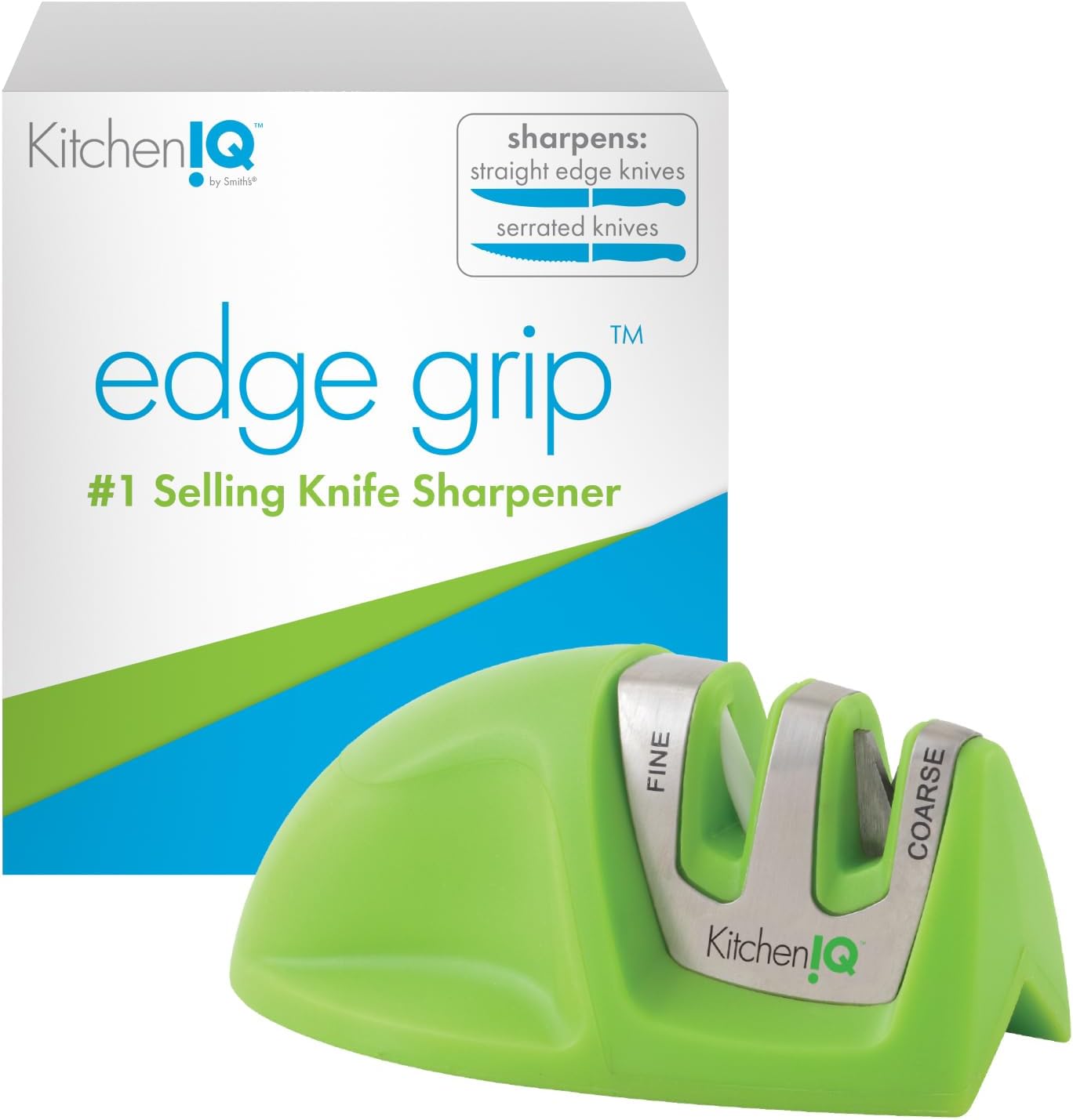 KitchenIQ 50009 Edge Grip 2-Stage Knife Sharpener, Black, Coarse & Fine Sharpeners, Compact for Easy Storage, Stable Non-Slip Base, Soft Grip Rubber Handle, Straight & Serrated Knives