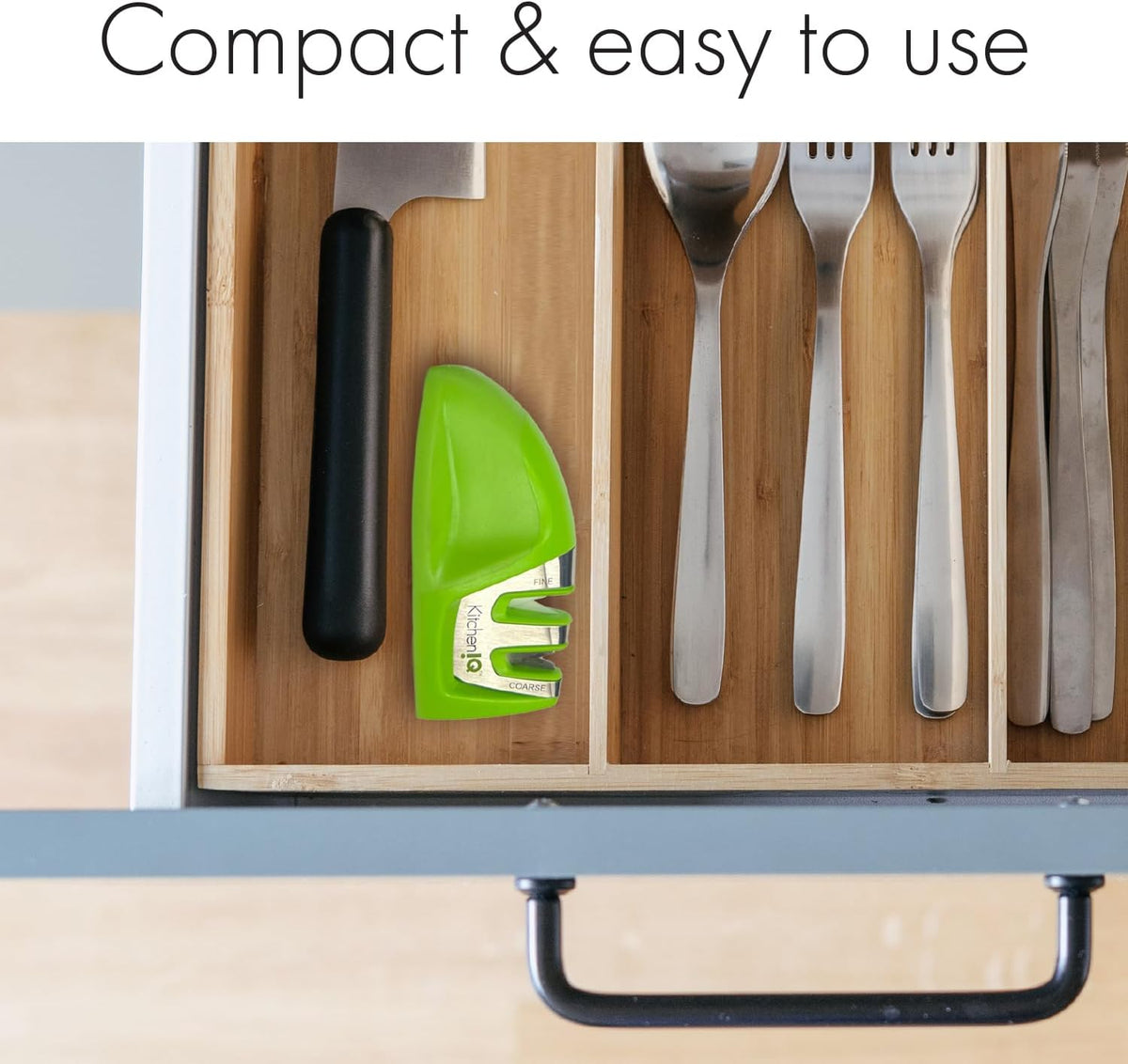 KitchenIQ 50009 Edge Grip 2-Stage Knife Sharpener, Black, Coarse & Fine Sharpeners, Compact for Easy Storage, Stable Non-Slip Base, Soft Grip Rubber Handle, Straight & Serrated Knives