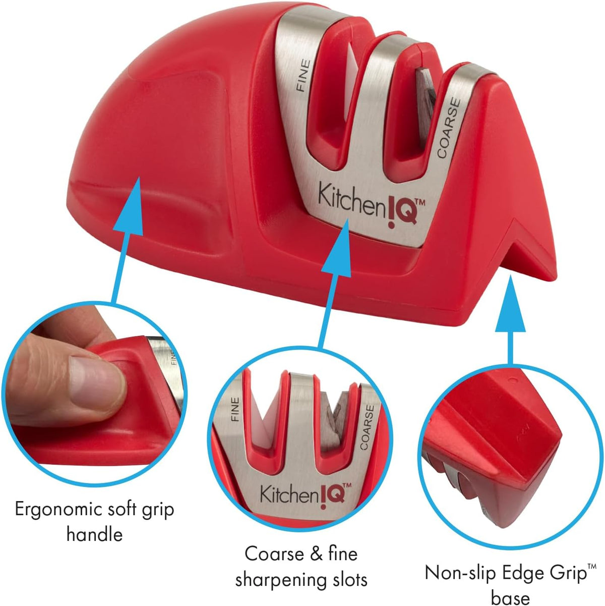 KitchenIQ 50009 Edge Grip 2-Stage Knife Sharpener, Black, Coarse & Fine Sharpeners, Compact for Easy Storage, Stable Non-Slip Base, Soft Grip Rubber Handle, Straight & Serrated Knives
