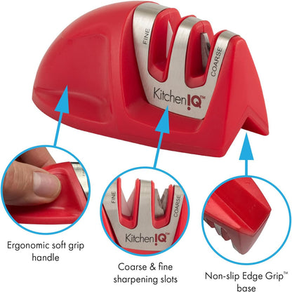 KitchenIQ 50009 Edge Grip 2-Stage Knife Sharpener, Black, Coarse & Fine Sharpeners, Compact for Easy Storage, Stable Non-Slip Base, Soft Grip Rubber Handle, Straight & Serrated Knives