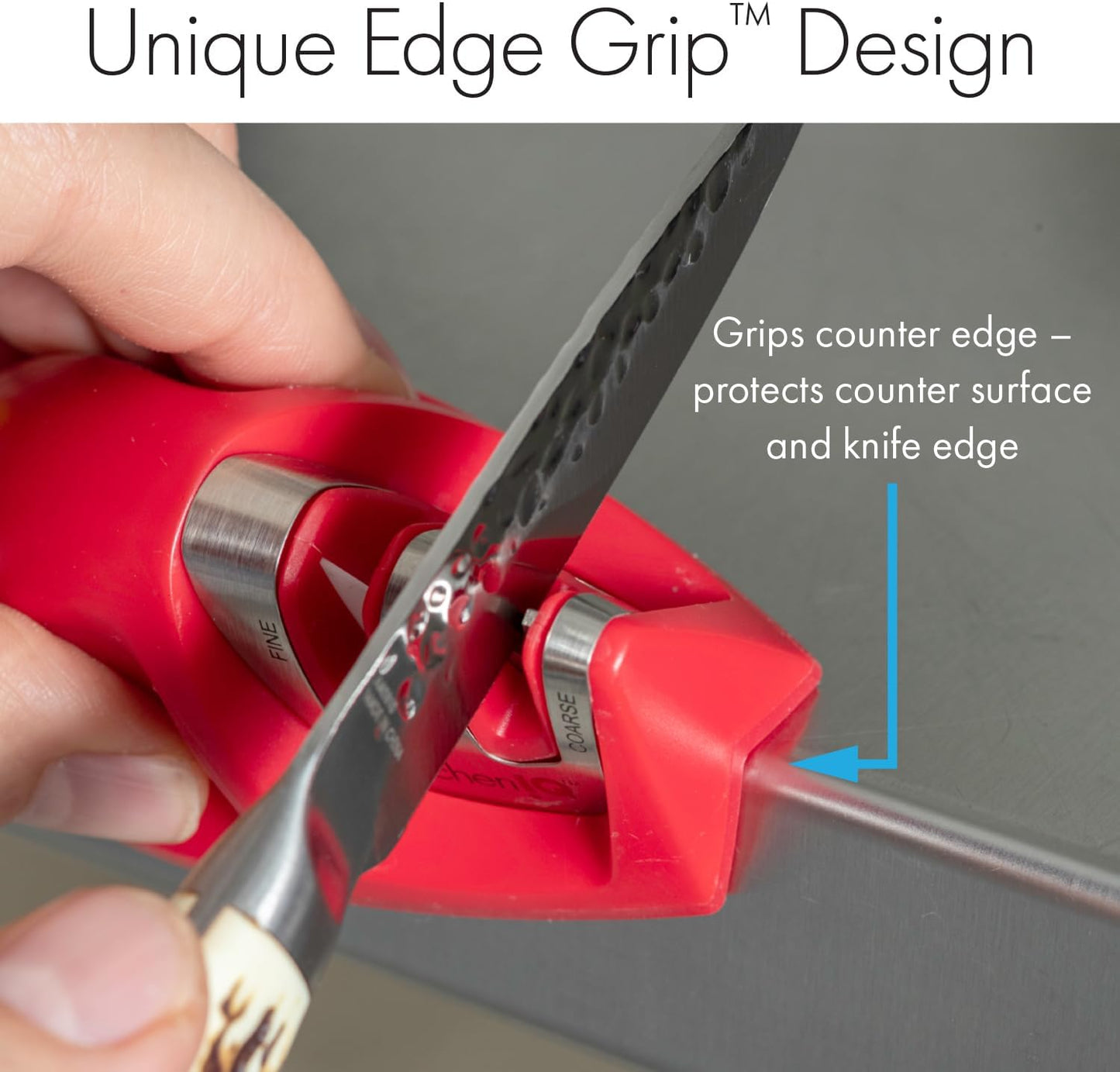 KitchenIQ 50009 Edge Grip 2-Stage Knife Sharpener, Black, Coarse & Fine Sharpeners, Compact for Easy Storage, Stable Non-Slip Base, Soft Grip Rubber Handle, Straight & Serrated Knives