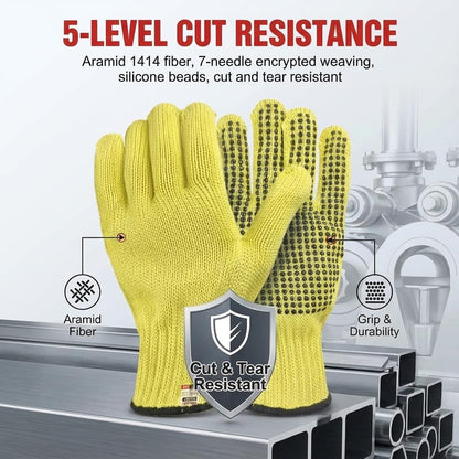 Heat Cut Resistant Gloves, Kevlar Oven Gloves with Fingers, Thick Knit Design, Machine Washable - Grill Mitts for Men & Women (L)