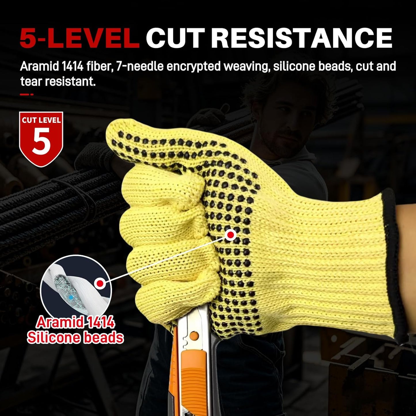 Heat Cut Resistant Gloves, Kevlar Oven Gloves with Fingers, Thick Knit Design, Machine Washable - Grill Mitts for Men & Women (L)