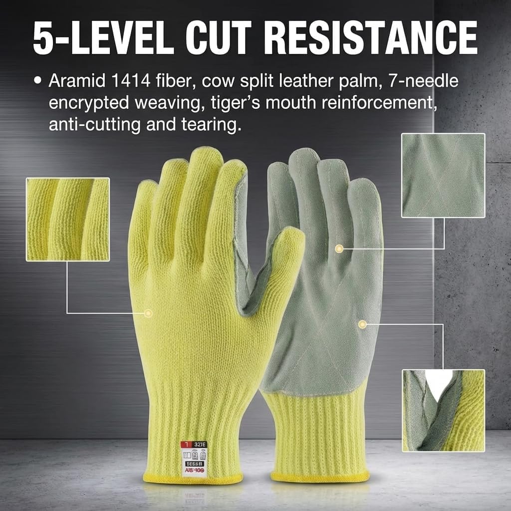 Heat Cut Resistant Gloves, Kevlar Oven Gloves with Fingers, Thick Knit Design, Machine Washable - Grill Mitts for Men & Women (L)