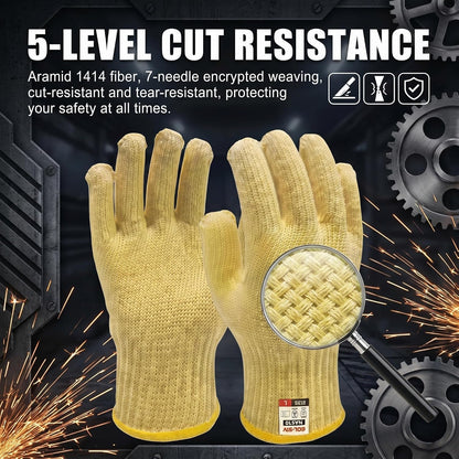 Heat Cut Resistant Gloves, Kevlar Oven Gloves with Fingers, Thick Knit Design, Machine Washable - Grill Mitts for Men & Women (L)