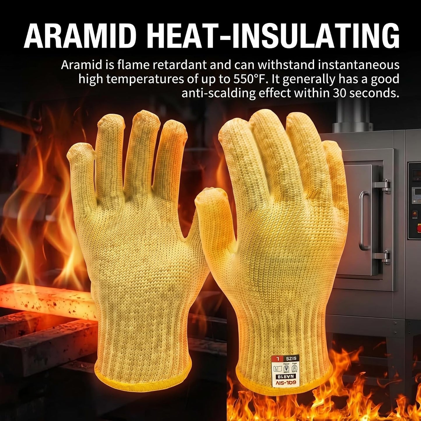 Heat Cut Resistant Gloves, Kevlar Oven Gloves with Fingers, Thick Knit Design, Machine Washable - Grill Mitts for Men & Women (L)