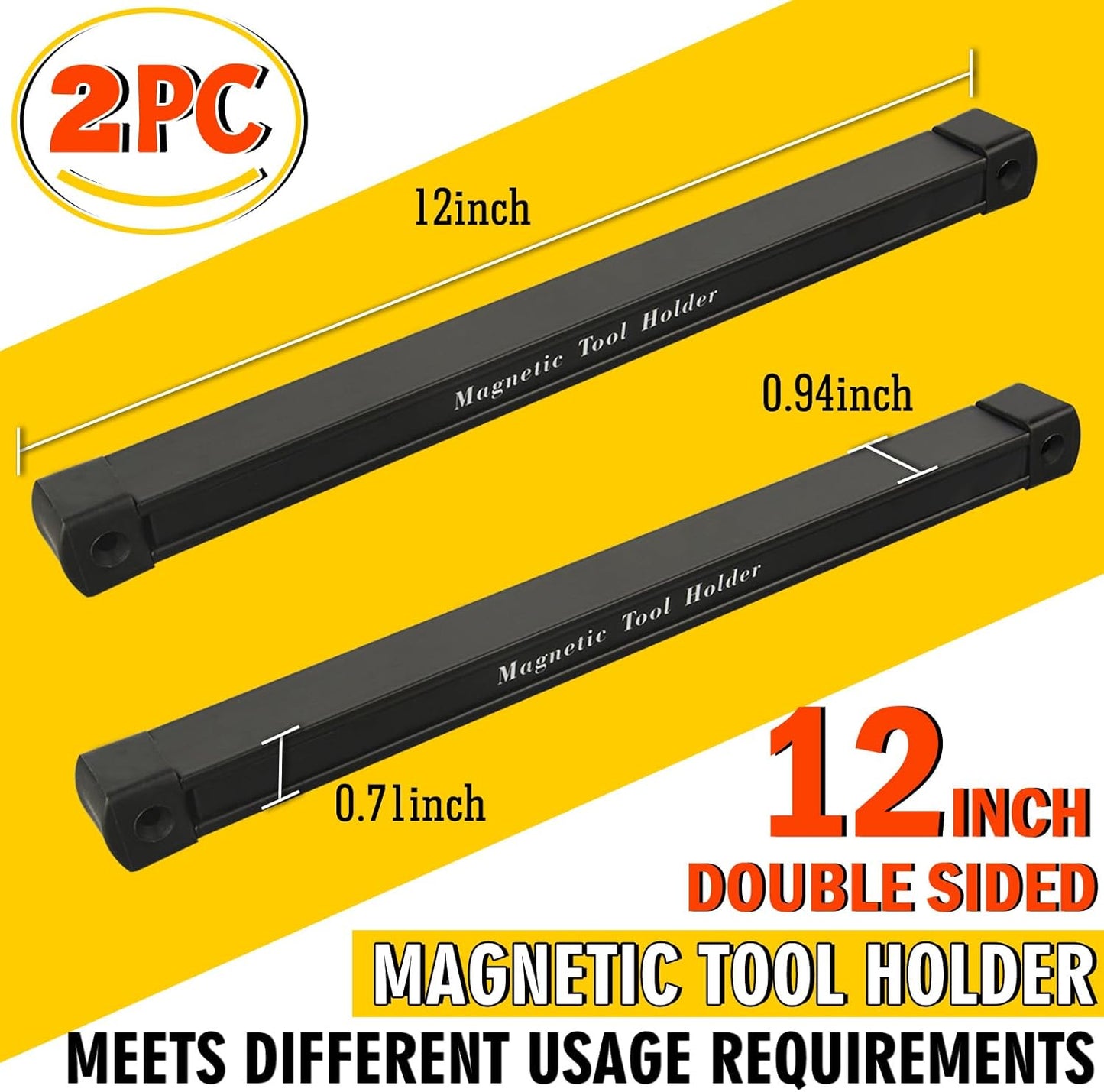 Double Sided Magnetic Tool Holder, 12 Inch Magnetic Tool Bar, Heavy Duty Wall Mount Strip with Ultra Strong Magnet for Garage, Workshop, Jobsite, Shed and Kitchen (2 Pack)
