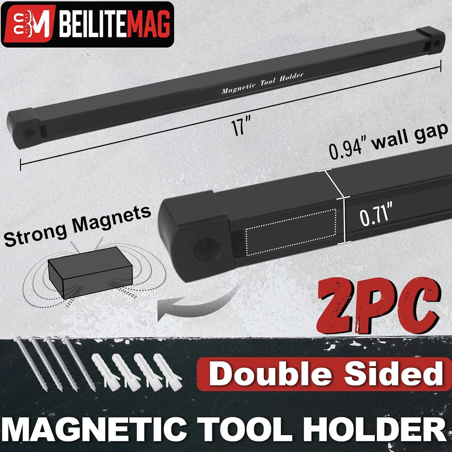 Double Sided Magnetic Tool Holder, 12 Inch Magnetic Tool Bar, Heavy Duty Wall Mount Strip with Ultra Strong Magnet for Garage, Workshop, Jobsite, Shed and Kitchen (2 Pack)
