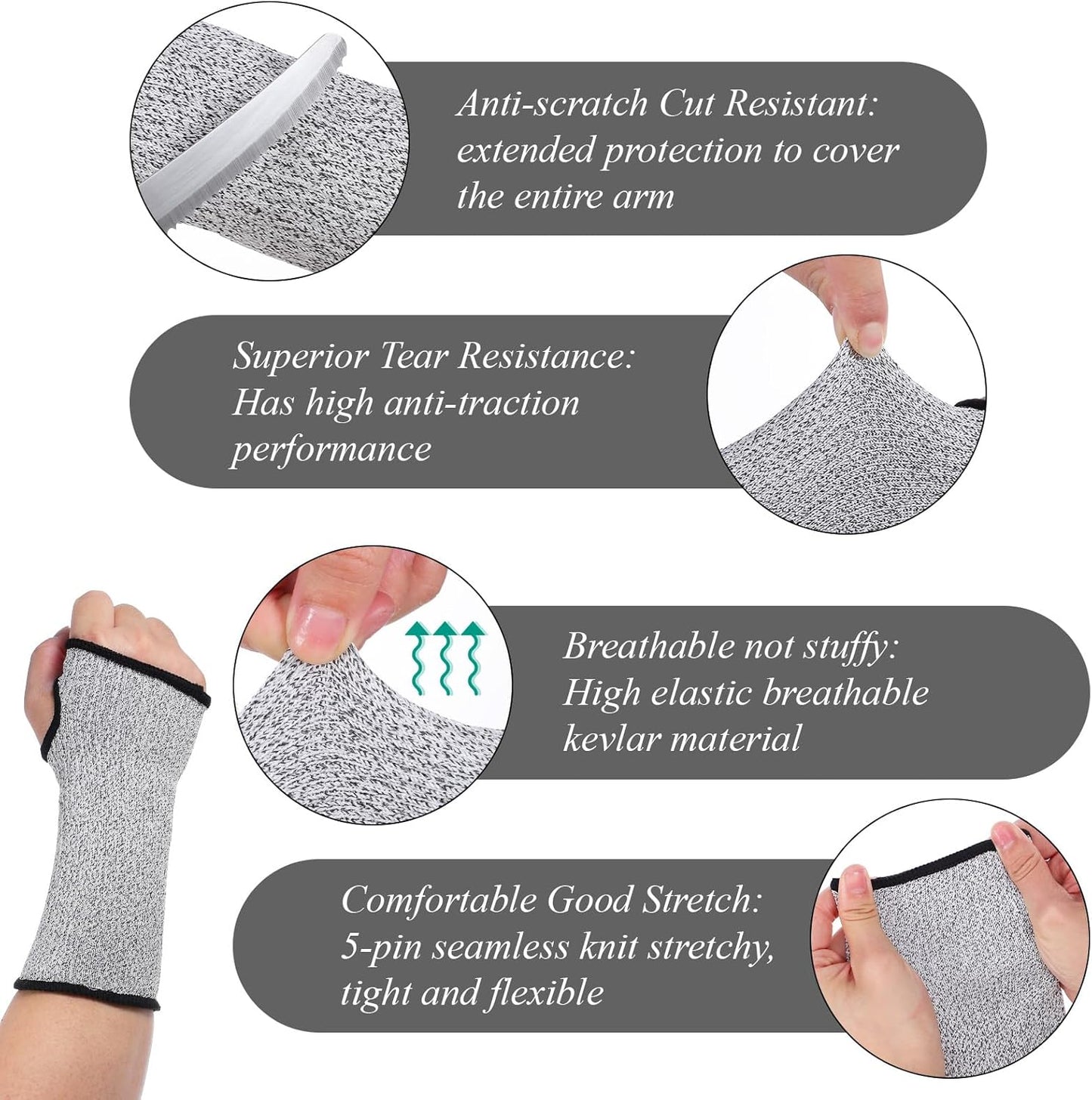 2 Pairs Cut Resistant Sleeves Arm Protection Sleeves with Thumb Holes Arm Guards for Men Women Industrial Gardening Sleeve(8.6 x 3.7 Inches Gray)