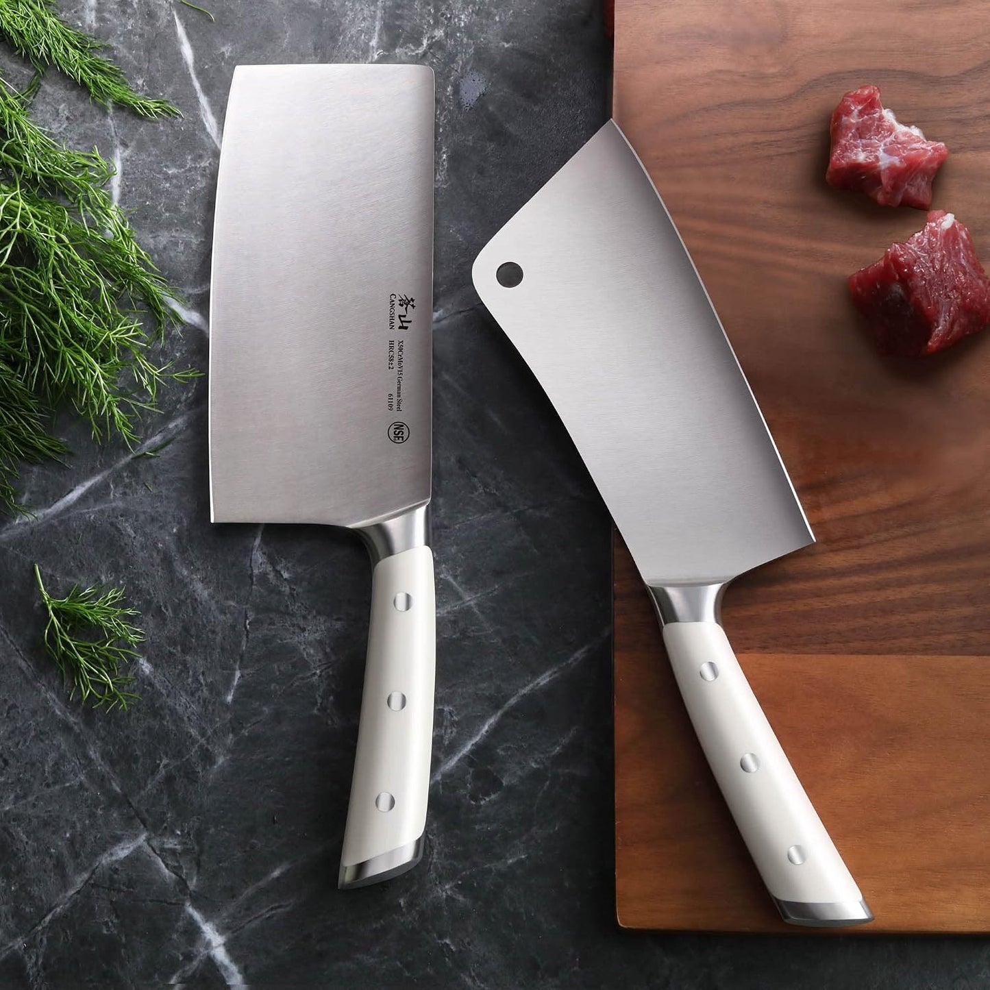 Cangshan S/S1 Series German Steel Forged Chinese Cleaver Knife Set, 2-Piece, 7-Inch Vegetable Cleaver and 7-Inch Meat Cleaver, White Handle | Two 7-inch forged German steel cleavers for precise vegetable prep and heavy-duty meat cutting.