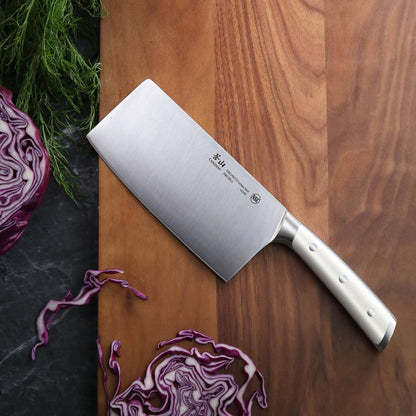 Cangshan S/S1 Series German Steel Forged Chinese Cleaver Knife Set, 2-Piece, 7-Inch Vegetable Cleaver and 7-Inch Meat Cleaver, White Handle | Two 7-inch forged German steel cleavers for precise vegetable prep and heavy-duty meat cutting.