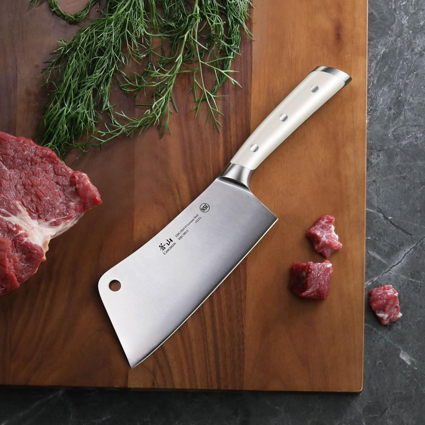 Cangshan S/S1 Series German Steel Forged Chinese Cleaver Knife Set, 2-Piece, 7-Inch Vegetable Cleaver and 7-Inch Meat Cleaver, White Handle | Two 7-inch forged German steel cleavers for precise vegetable prep and heavy-duty meat cutting.
