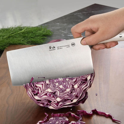Cangshan S/S1 Series German Steel Forged Chinese Cleaver Knife Set, 2-Piece, 7-Inch Vegetable Cleaver and 7-Inch Meat Cleaver, White Handle | Two 7-inch forged German steel cleavers for precise vegetable prep and heavy-duty meat cutting.