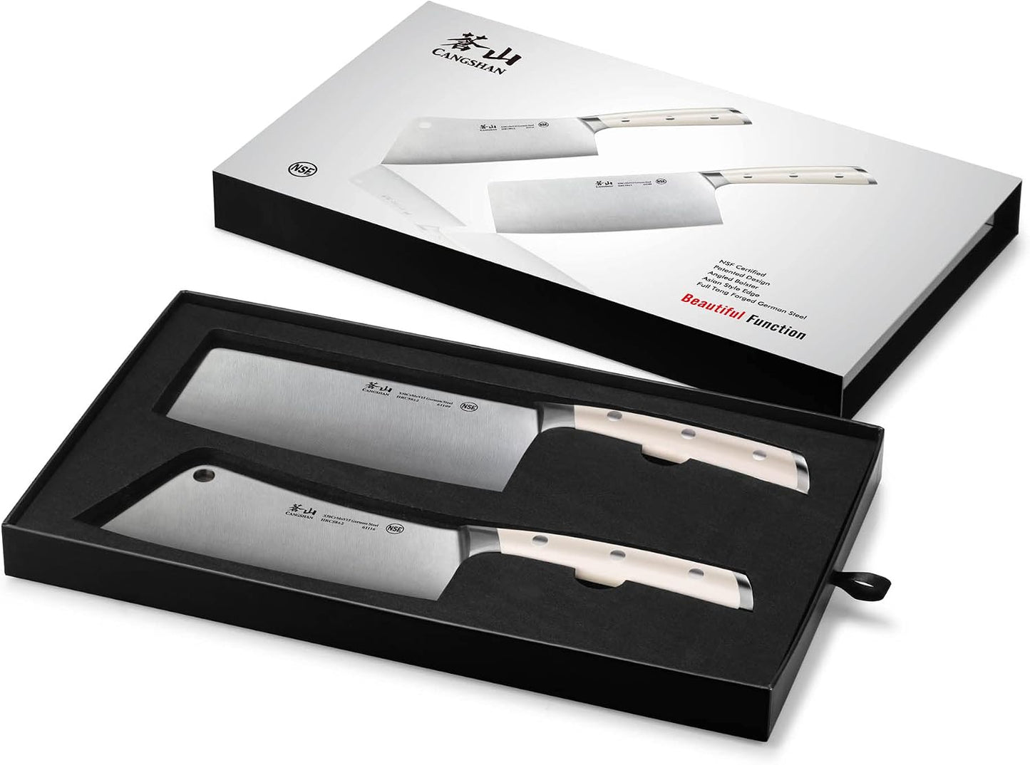 Cangshan S/S1 Series German Steel Forged Chinese Cleaver Knife Set, 2-Piece, 7-Inch Vegetable Cleaver and 7-Inch Meat Cleaver, White Handle | Two 7-inch forged German steel cleavers for precise vegetable prep and heavy-duty meat cutting.