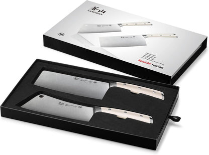 Cangshan S/S1 Series German Steel Forged Chinese Cleaver Knife Set, 2-Piece, 7-Inch Vegetable Cleaver and 7-Inch Meat Cleaver, White Handle | Two 7-inch forged German steel cleavers for precise vegetable prep and heavy-duty meat cutting.