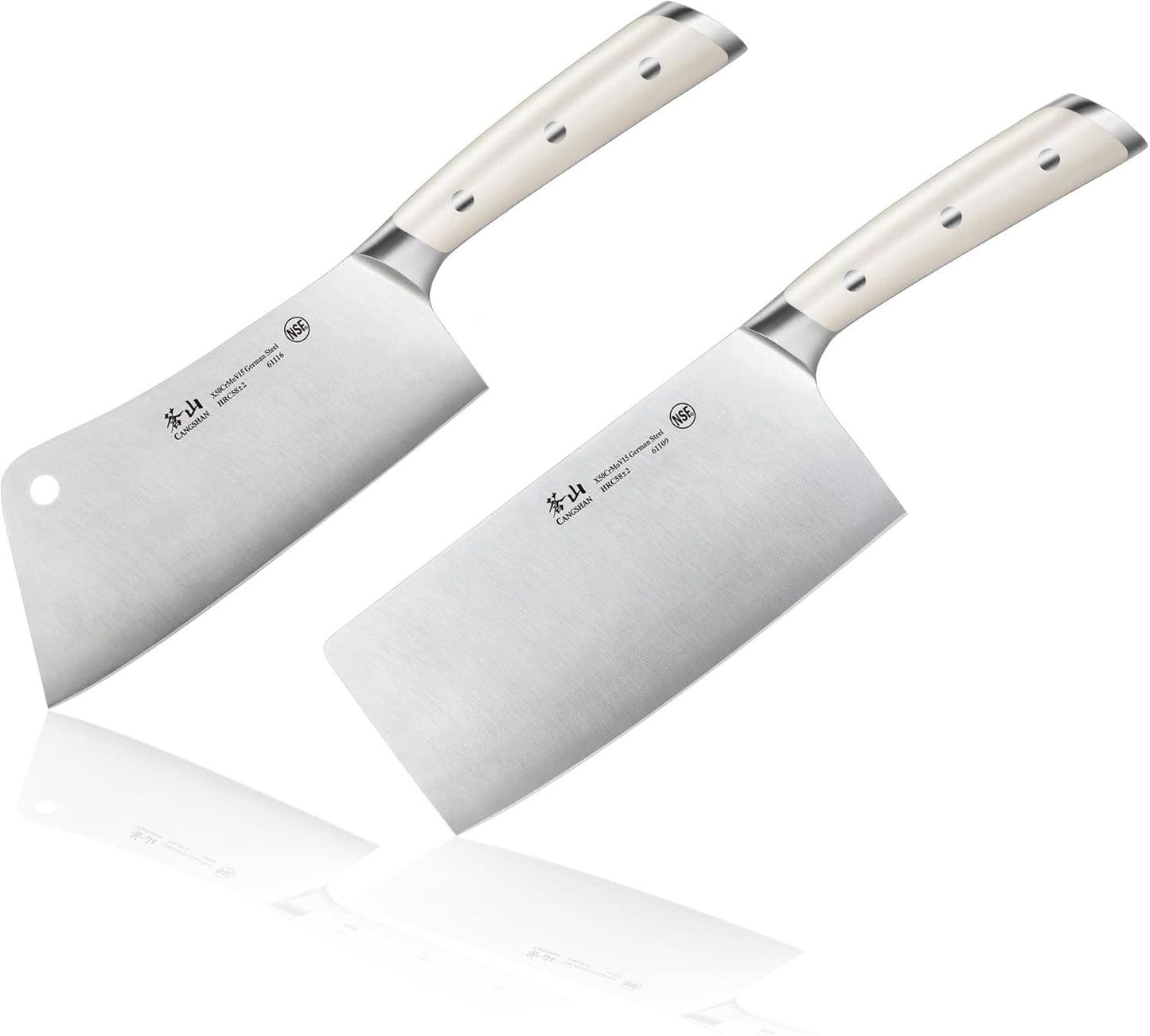 Cangshan S/S1 Series German Steel Forged Chinese Cleaver Knife Set, 2-Piece, 7-Inch Vegetable Cleaver and 7-Inch Meat Cleaver, White Handle | Two 7-inch forged German steel cleavers for precise vegetable prep and heavy-duty meat cutting.
