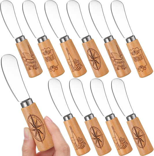 10 Pcs Vintage Wine Cheese and Butter Spreader Knives Butter Spreader Knives Multipurpose Rustic Decor with Hand Painted Wooden Handle Stainless Steel Blade