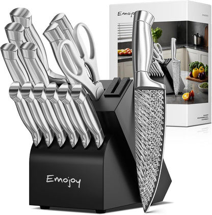 Knife Set, 15-Pcs Kitchen Knife Set with Block and Built-in Sharpener, German High Carbon Stainless Steel Knife Block Set, Non-slip Handle, 6 Steak Knives, Sliver
