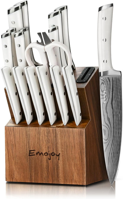 Knife Set, 15-Pcs Kitchen Knife Set with Block and Built-in Sharpener, German High Carbon Stainless Steel Knife Block Set, Non-slip Handle, 6 Steak Knives, Sliver