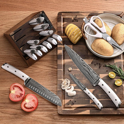 Knife Set, 15-Pcs Kitchen Knife Set with Block and Built-in Sharpener, German High Carbon Stainless Steel Knife Block Set, Non-slip Handle, 6 Steak Knives, Sliver