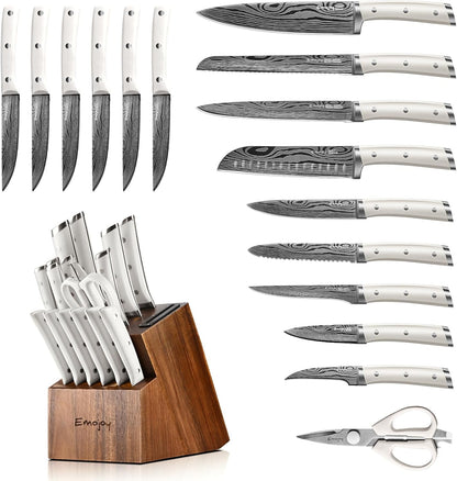 Knife Set, 15-Pcs Kitchen Knife Set with Block and Built-in Sharpener, German High Carbon Stainless Steel Knife Block Set, Non-slip Handle, 6 Steak Knives, Sliver