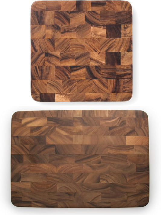 Gourmet Kitchen Essential Wooden Cutting Board Set, Set of 2 End Grain Cutting Boards, Includes a 12" x 12" and a 14" 20" Acacia Wood Chopping Board