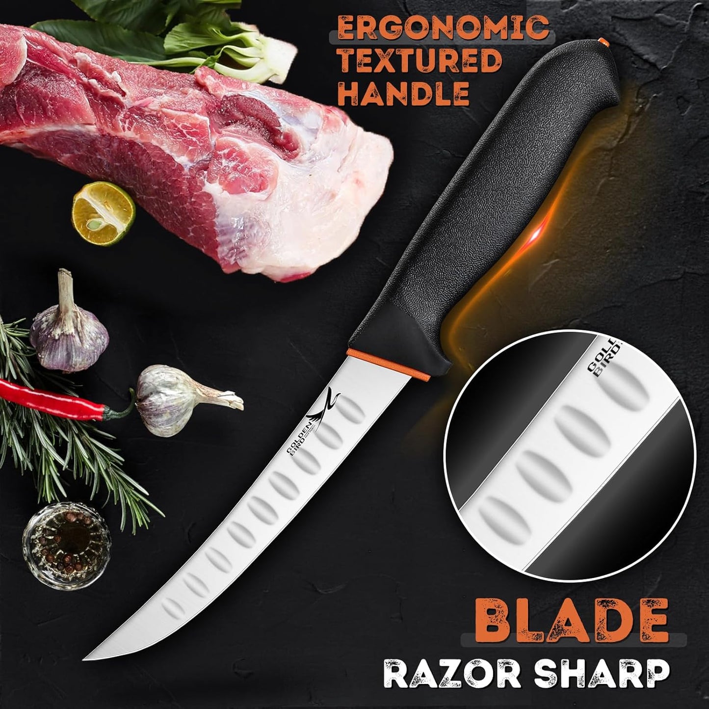 Golden Bird 6 Inch Boning Knife with Flexible Blade | Fillet Knife for Meat Cutting for Precise Deboning, German Stainless Steel, Non-Slip Handle, Gift for Men Women