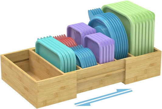 Lid Organizer for Cabinet, Bamboo Expandable Kitchen Organizer with 3 Adjustable Dividers for Plastic Lids, Large Food Storage Container Lid Holder for Drawer, Countertop, Pantry