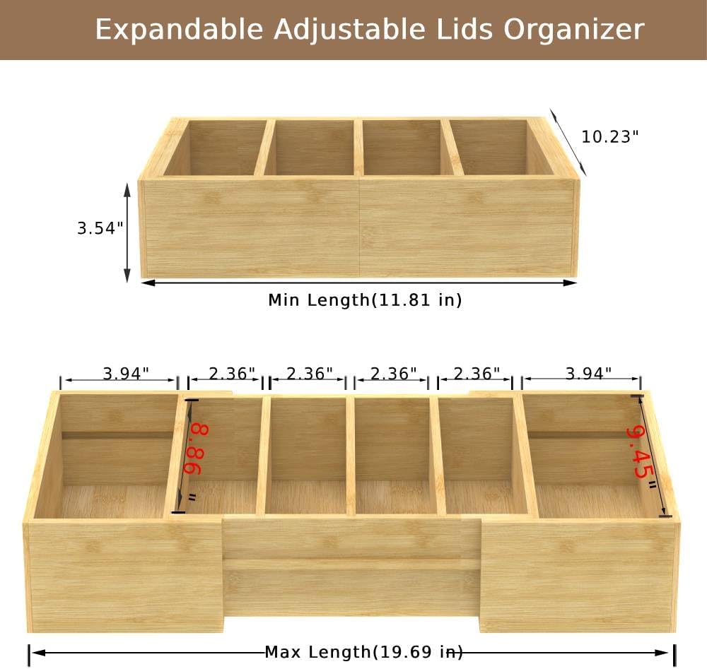 Lid Organizer for Cabinet, Bamboo Expandable Kitchen Organizer with 3 Adjustable Dividers for Plastic Lids, Large Food Storage Container Lid Holder for Drawer, Countertop, Pantry