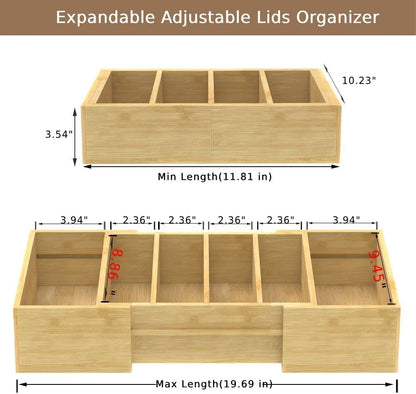 Lid Organizer for Cabinet, Bamboo Expandable Kitchen Organizer with 3 Adjustable Dividers for Plastic Lids, Large Food Storage Container Lid Holder for Drawer, Countertop, Pantry