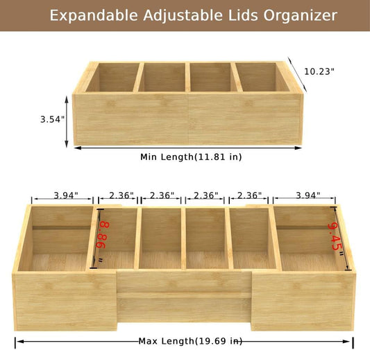 Lid Organizer for Cabinet, Bamboo Expandable Kitchen Organizer with 3 Adjustable Dividers for Plastic Lids, Large Food Storage Container Lid Holder for Drawer, Countertop, Pantry