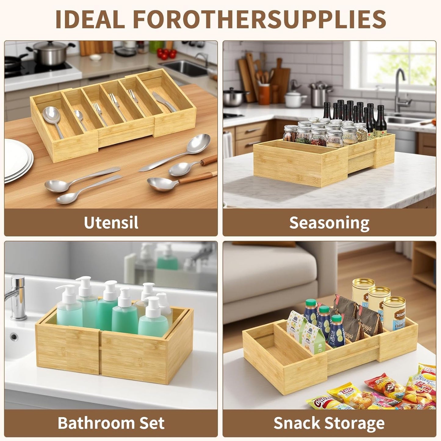 Lid Organizer for Cabinet, Bamboo Expandable Kitchen Organizer with 3 Adjustable Dividers for Plastic Lids, Large Food Storage Container Lid Holder for Drawer, Countertop, Pantry