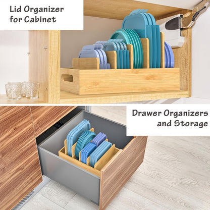 Lid Organizer for Cabinet, Bamboo Expandable Kitchen Organizer with 3 Adjustable Dividers for Plastic Lids, Large Food Storage Container Lid Holder for Drawer, Countertop, Pantry