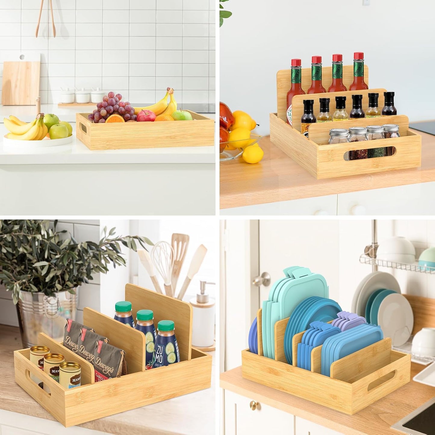 Lid Organizer for Cabinet, Bamboo Expandable Kitchen Organizer with 3 Adjustable Dividers for Plastic Lids, Large Food Storage Container Lid Holder for Drawer, Countertop, Pantry