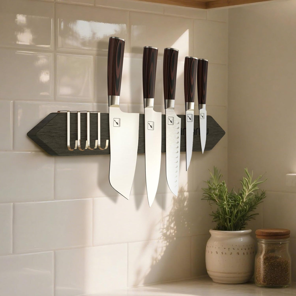 Magnetic Knife Block, Space-Saving Double-Sided Knife Holder | Stepped Countertop Organizer, Built-in Sharpener & Hidden magnets, Flexible Storage for Modern Minimalist Kitchens