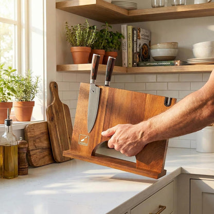 Magnetic Knife Block, Space-Saving Double-Sided Knife Holder | Stepped Countertop Organizer, Built-in Sharpener & Hidden magnets, Flexible Storage for Modern Minimalist Kitchens