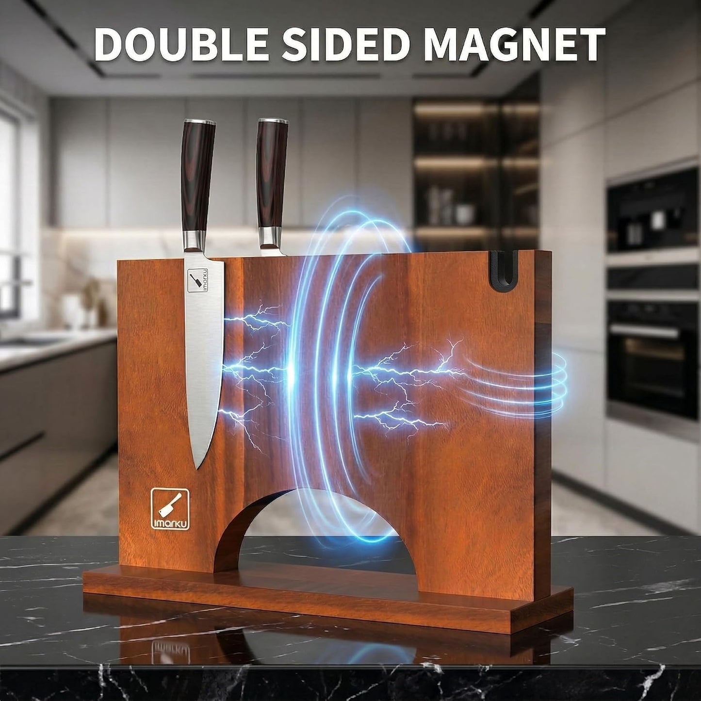 Magnetic Knife Block, Space-Saving Double-Sided Knife Holder | Stepped Countertop Organizer, Built-in Sharpener & Hidden magnets, Flexible Storage for Modern Minimalist Kitchens
