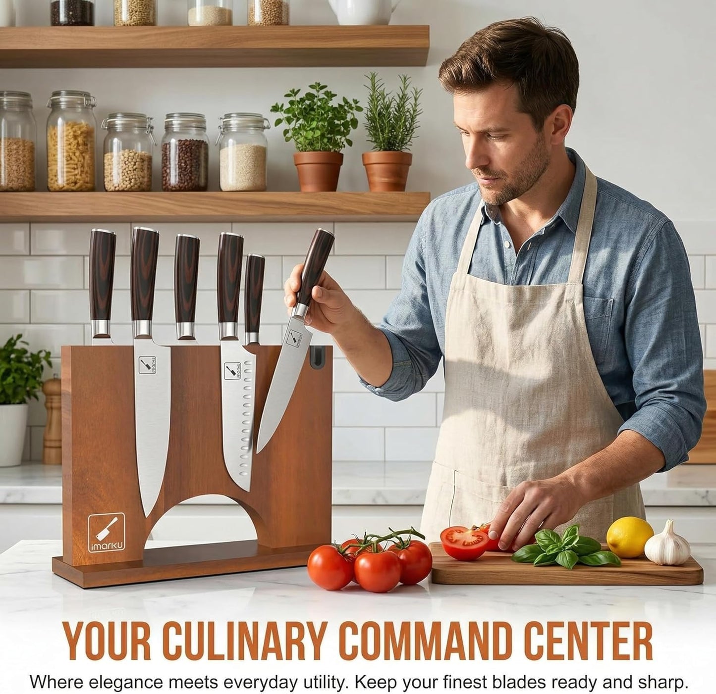 Magnetic Knife Block, Space-Saving Double-Sided Knife Holder | Stepped Countertop Organizer, Built-in Sharpener & Hidden magnets, Flexible Storage for Modern Minimalist Kitchens