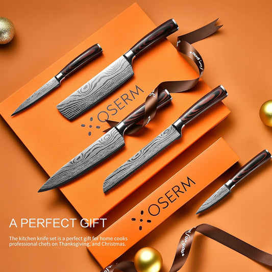 Knife Set | Gift-Ready 6-Piece (5+1) Japanese Style Kitchen Knife Set — Burgundy Gift Box with An Additional 8" Chef Knife — Ideal Christmas, Wedding & Household Gift